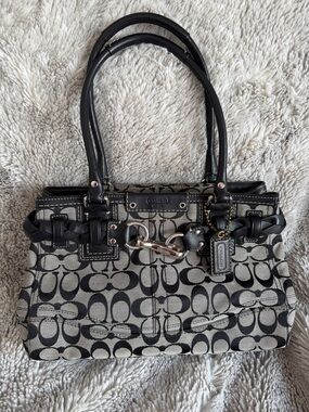 Coach Hampton Signature Carryall Satchel F13065 Black Gray Jacquard Leather Y2K